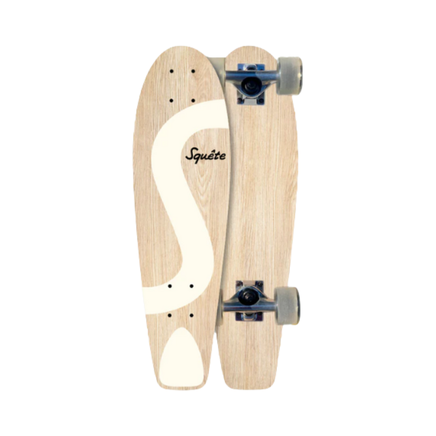 Skate cruiser blanc by Squête en bois de frêne local, un design minimaliste fabriqué artisanalement en France.