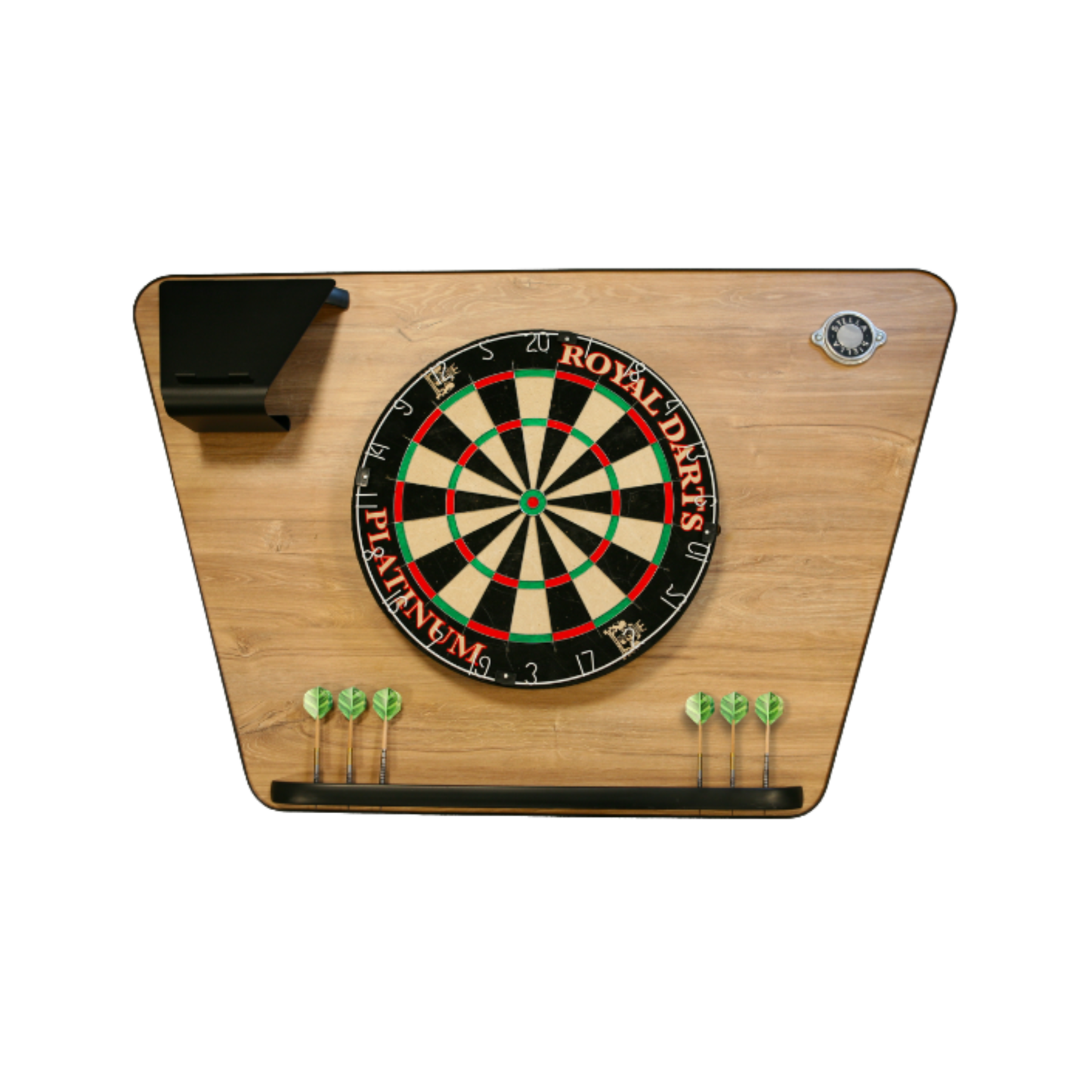 Pack support de fléchettes Stella finition effet chêne avec cible traditionnelle Harrows Pro Matchplay en sisal haute densité.