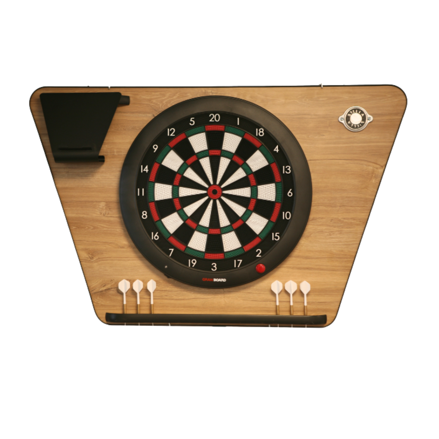 Pack support mural Stella finition effet chêne avec cible connectée GranBoard 3s, incluant éclairage LED et connexion Bluetooth.