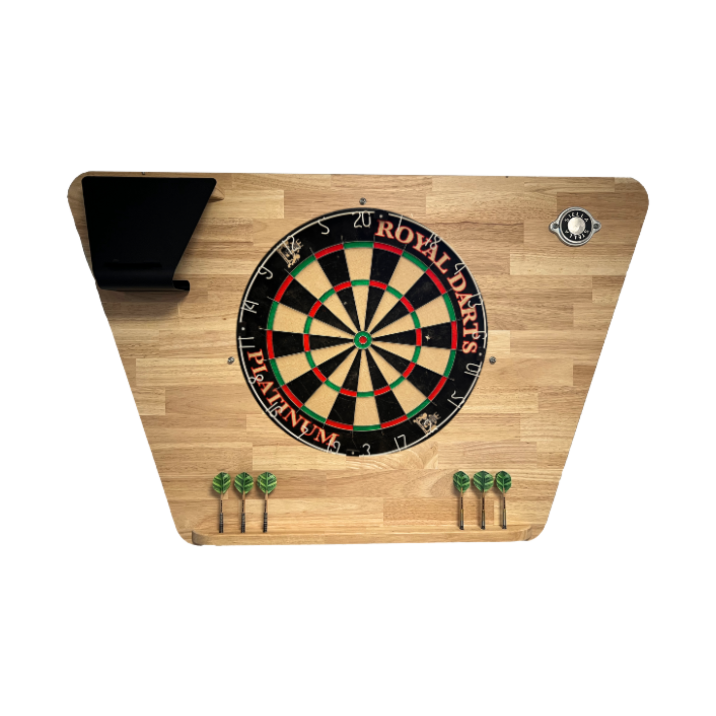 Pack support mural Stella en hévéa massif avec cible de compétition Harrows Pro Matchplay et finitions en aluminium brossé.
