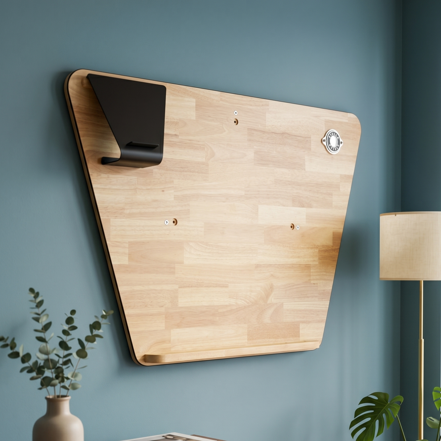 Support de fléchettes Stella Hévéa accroché au mur d'un salon, bois naturel noble et chaleureux pour une intégration élégante du jeu de fléchettes dans votre intérieur.