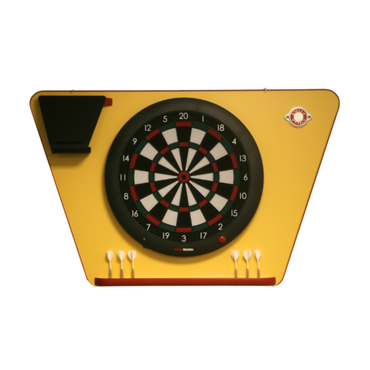 Pack premium Stella Jaune comprenant un support mural en flanc de baby-foot et la cible connectée GranBoard 3s avec éclairage LED.