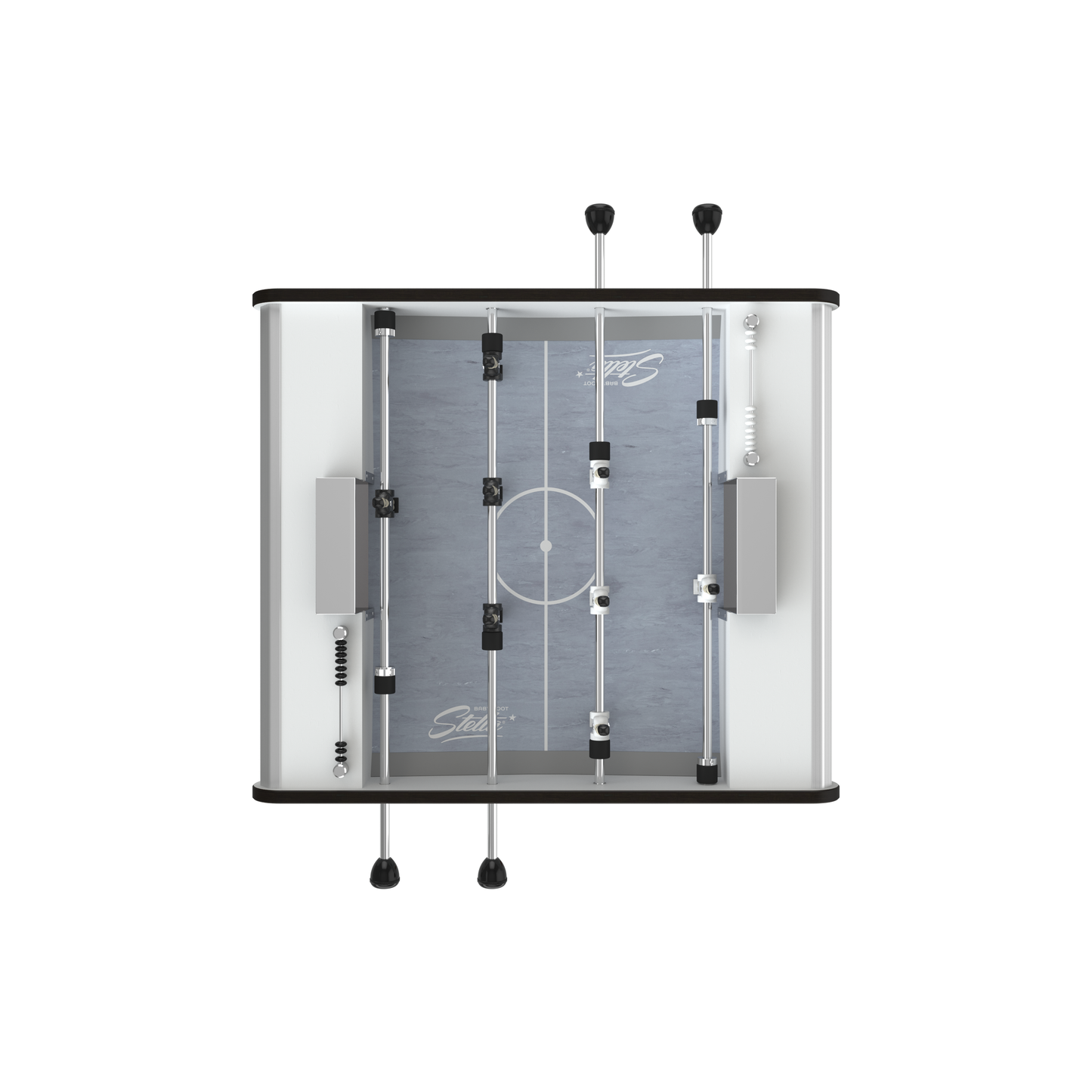 Vue de dessus de la surface de jeu du Toi & Moi blanc, tapis PVC gris optimisé pour le contrôle de balle technique.
