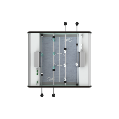 Vue de dessus de la surface de jeu du Toi & Moi vert, tapis PVC gris optimisé pour les duels techniques et rapides.