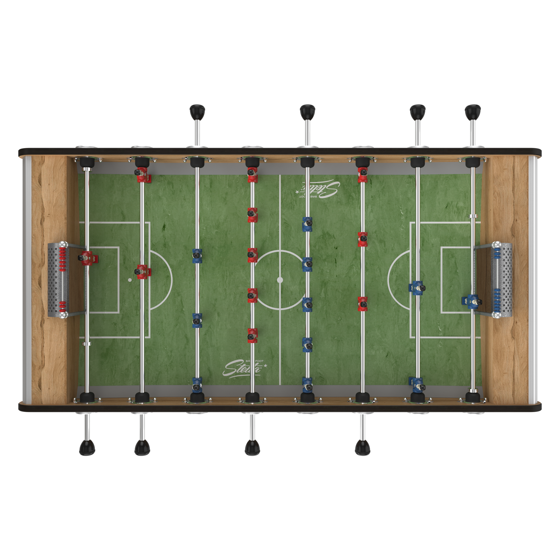 Vue aérienne de la surface de jeu du baby-foot extérieur Stella, conçu pour évacuer l'humidité et résister aux rayons UV.