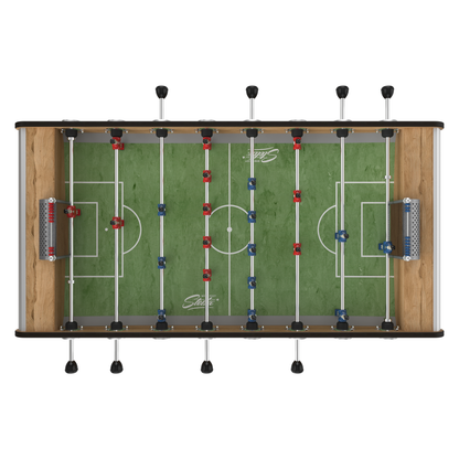 Vue aérienne de la surface de jeu du baby-foot extérieur Stella, conçu pour évacuer l'humidité et résister aux rayons UV.
