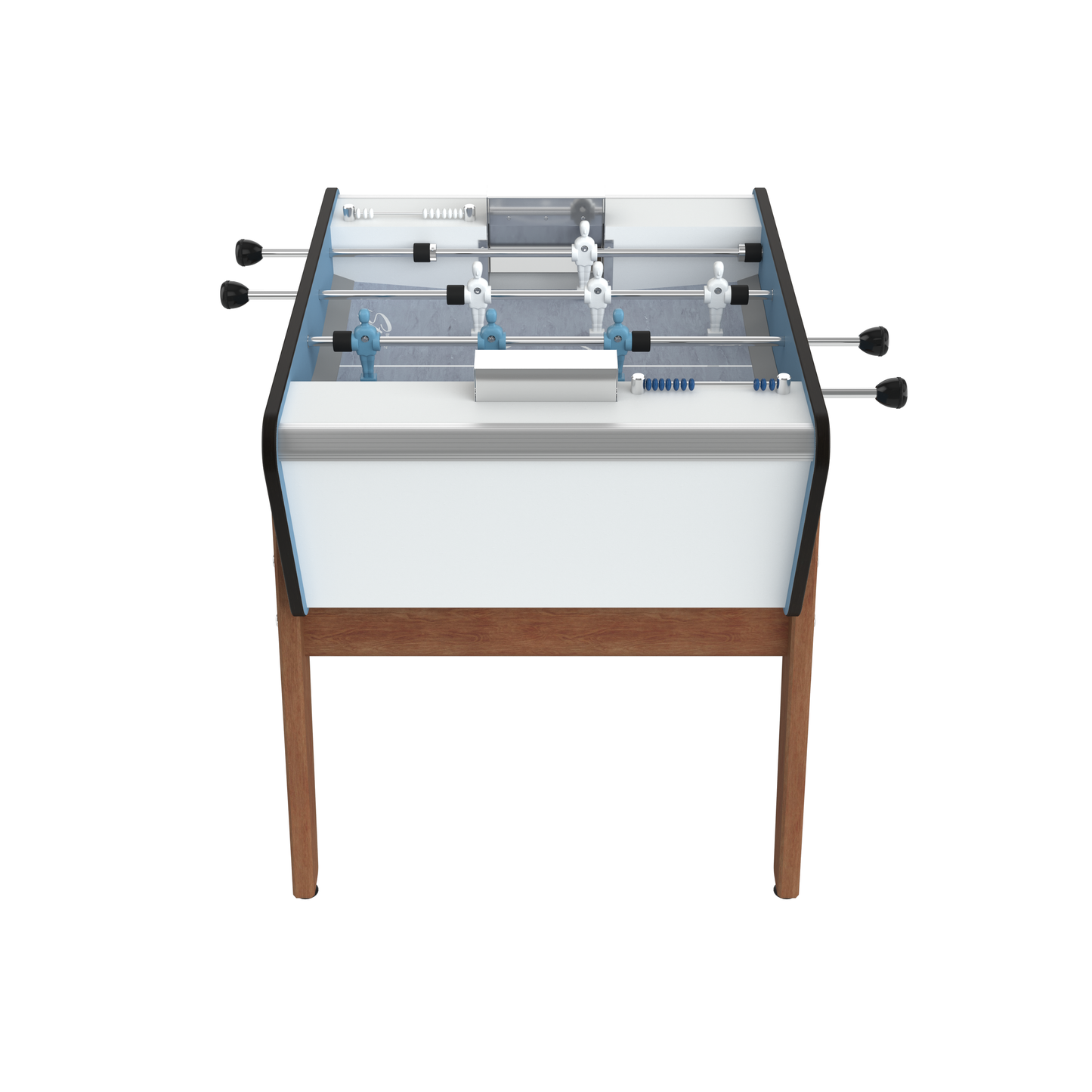 Détail de la caisse en HPL bleu éclatant et de la visserie inox, offrant une résistance totale aux UV et aux intempéries.